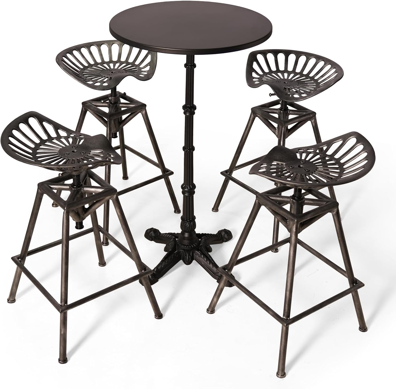 5-Piece Bar Table & Chairs Set - 43.3" Tall Roman Column Table & Adjustable Swivel Cast Iron Tractor Seat Bar Stools - Bar Height, Heavy Duty, Rustic Industrial Furniture, Space-Saving, Welded Base