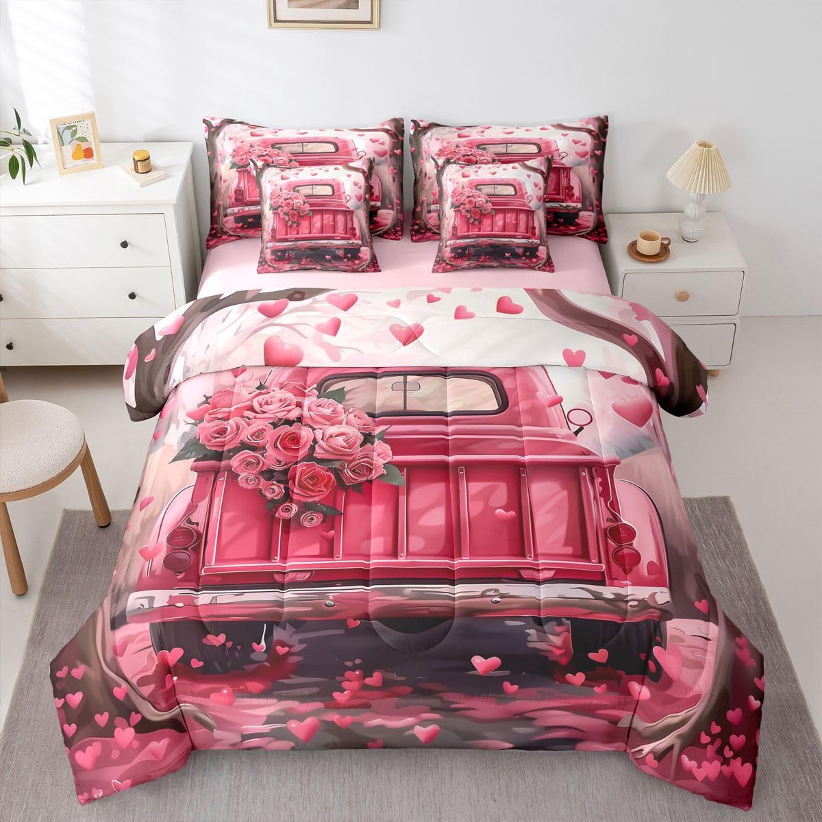 Castle Fairy Pink Valentine Truck Reversible 7 Pieces Comforter Set,Dreamy Rose Flowers Bed Sheet Set for Kids Teens Boys,Romantic Love Hearts Bedding Set with Comforter,Fitted &amp; Flat Sheet,King