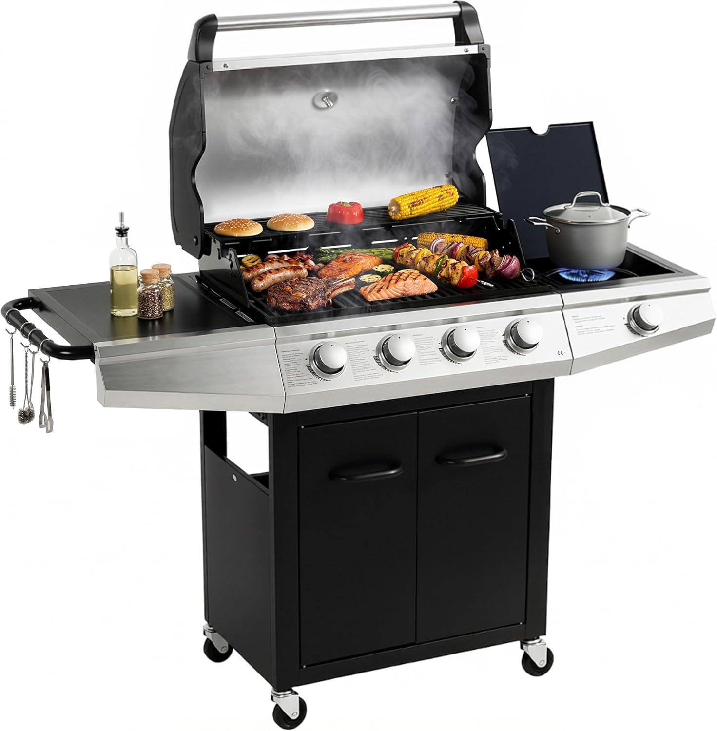MASTER COOK 3 Burner BBQ Propane Gas Grill, 472 Sq. In. Cooking Area, 30,000 BTU Stainless Steel Barbecue Grill with Two Foldable Shelves for Outdoor Patio, Backyard