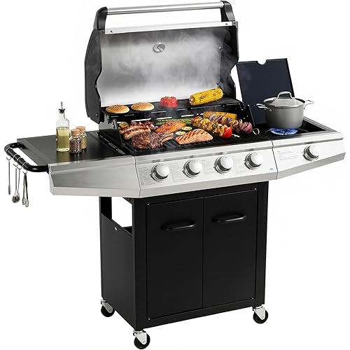MASTER COOK 4+1 Burners Gas Grill, 518 Sqin Cooking Area, 52,000 BTU Propane Grill with Side Burner, Stainless Steel Cabinet Grill, Black