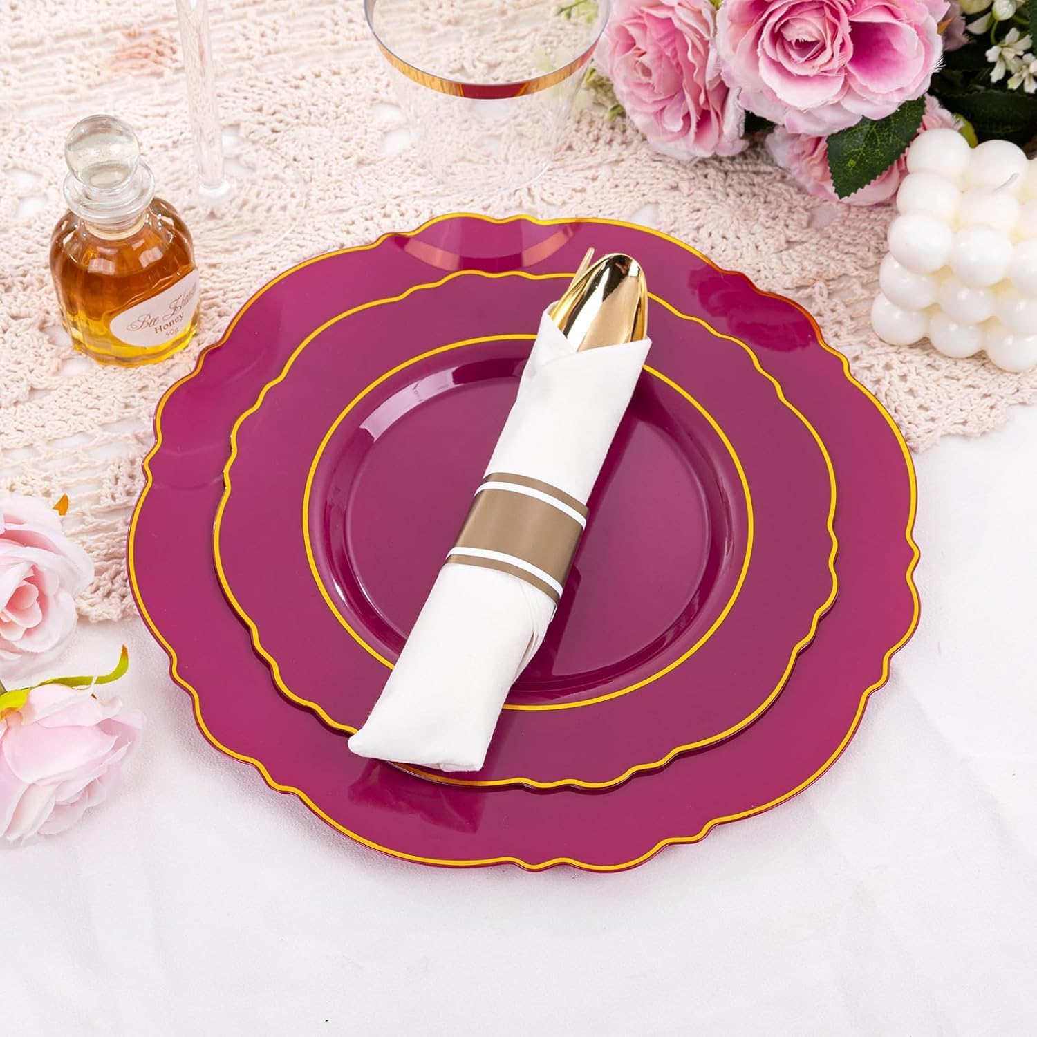 Liacere 175PCS Red Plastic Plates - Disposable Burgundy Red and Gold - 25guest Baroque Plastic Dinnerware include 50Plates, 25Pack Pre Rolled Napkins with Silverware 25Cups for Party&Mothers Day