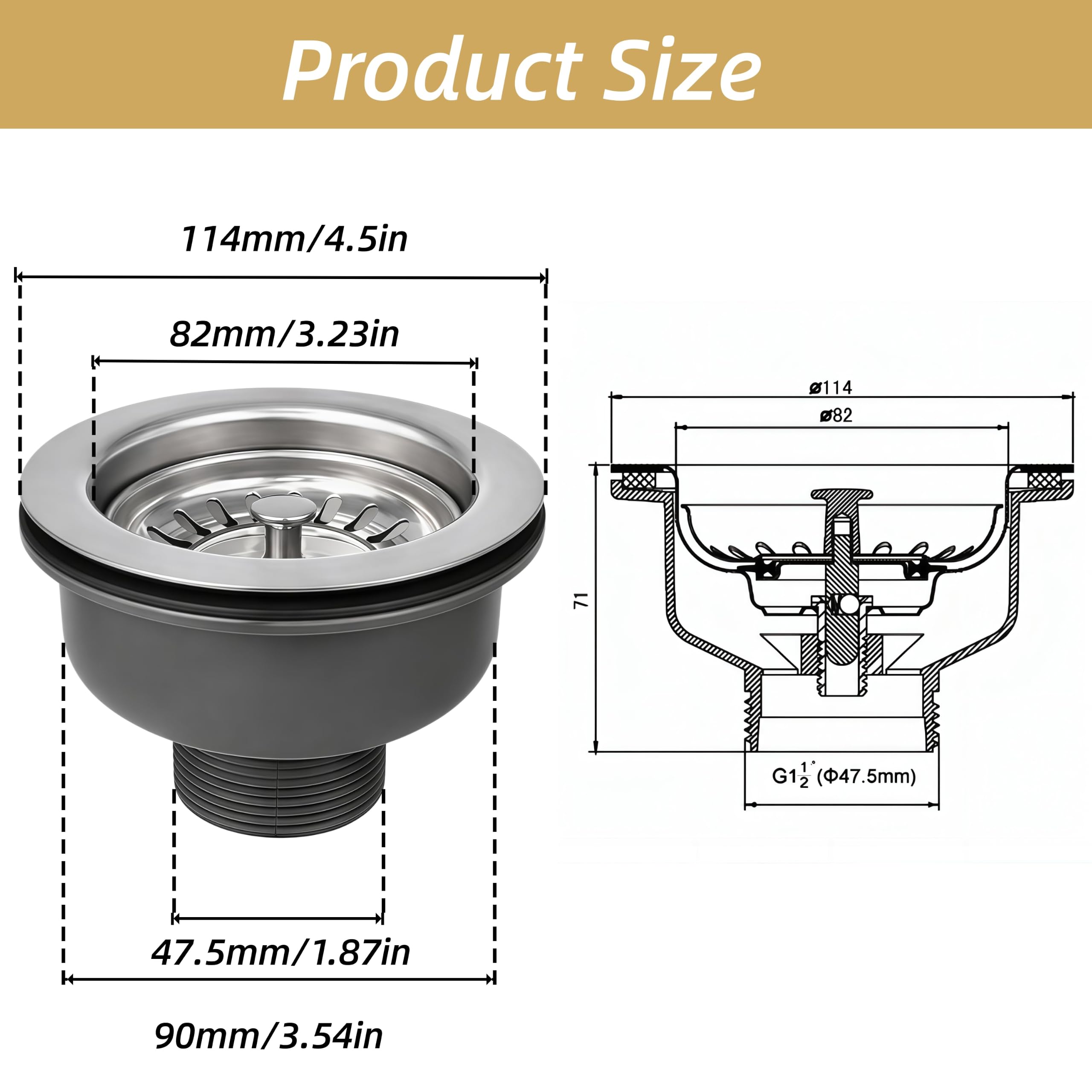 Bonde d'évier en Acier Inoxydable 304 - Bonde à Panier de vidange - 1 1/2", Ø 114 mm/Ø 110 mm/Ø 85 mm (diamètre 110 mm)