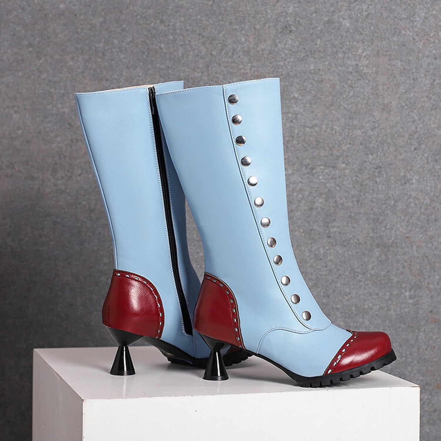 Alyaafifa Leather Boots for Women Wide Width Closed Round Toe Kitten Heel Mid Calf Boots Tow-Toned Vintage Victorian Riding Boots with Zipper Studded Rivets Retro Wingtip Dressy