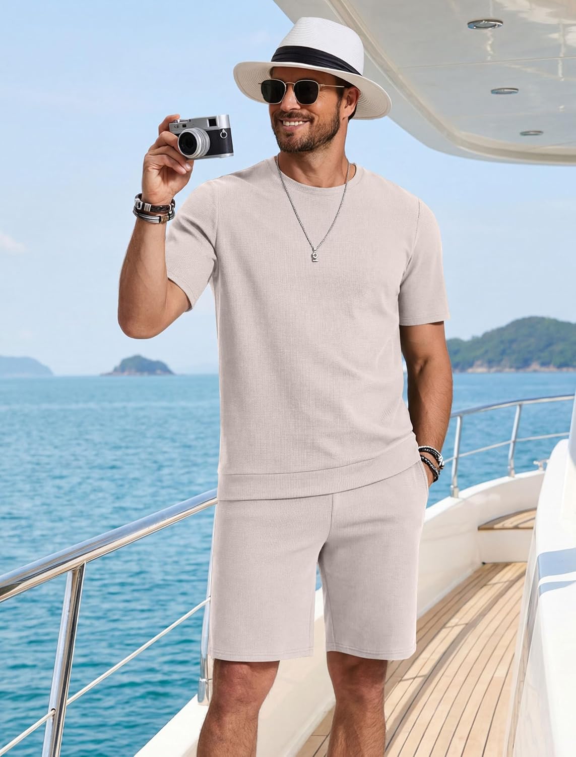 COOFANDY Men's Cotton Waffle 2 Piece Outfits Casual Short Sleeve Shirts and Shorts Set Summer Jogging Tracksuit Lounge Sets - Image 3