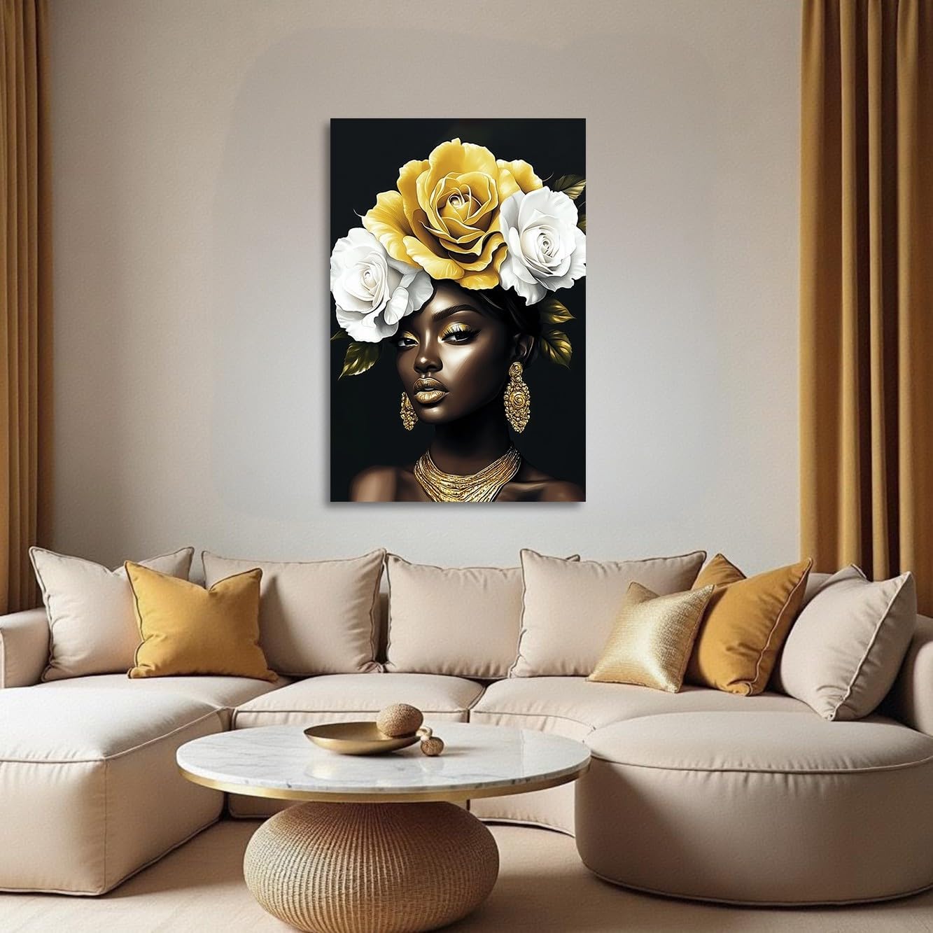 YMXDYMJSW African American Wall Art Black Woman with Yellow Rose Painting Abstract Black Girl Canvas Prints Fashion African Woman with Flower Painting for Bedroom (Black, (18L x 12W))