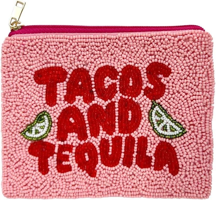 Pearl Beaded Coin Purse Handmade with Colorful Designs Savings Bag Small Zipper Pouch for Cash Card & Makeup (Tacos & Tequila)