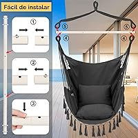 Vista 5 de Y- STOP Silla Hamaca Colgante Columpio de Cuerda, Máximo 500 Libras, 2 Cojines Incluidos, Silla Colgante Grande de Macramé con Bolsillo, Tejido