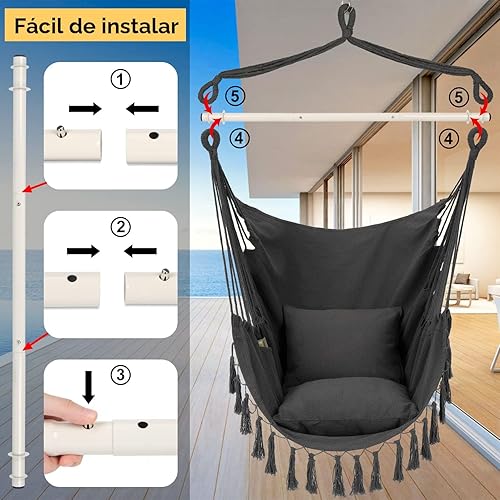 Miniatura 5 de Y- STOP Silla Hamaca Colgante Columpio de Cuerda, Máximo 500 Libras, 2 Cojines Incluidos, Silla Colgante Grande de Macramé con Bolsillo, Tejido