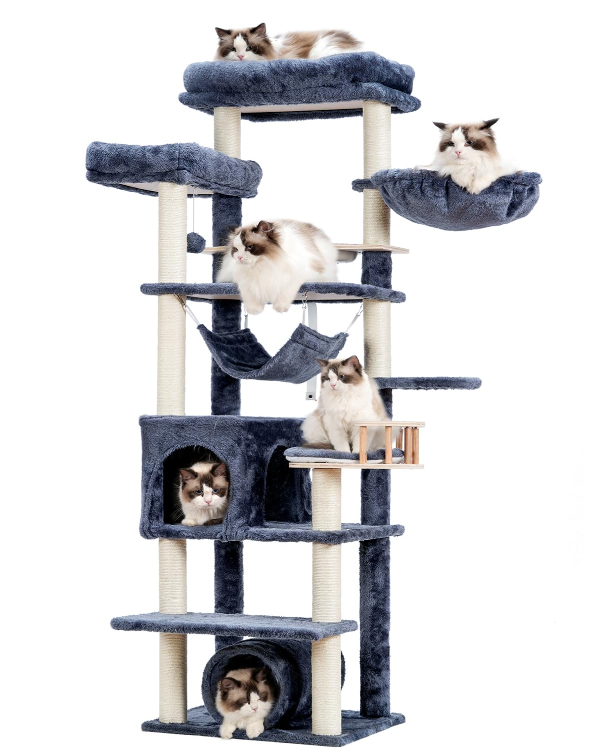 Cat Tree for Indoor Cats, 64" Tall Cat Tower with Scratching Post, Cat Condo and Platform for Large Adult with Food Station, Cat Tunnel, Hammock, Cat Bowls, Smoky Gray GCT021G