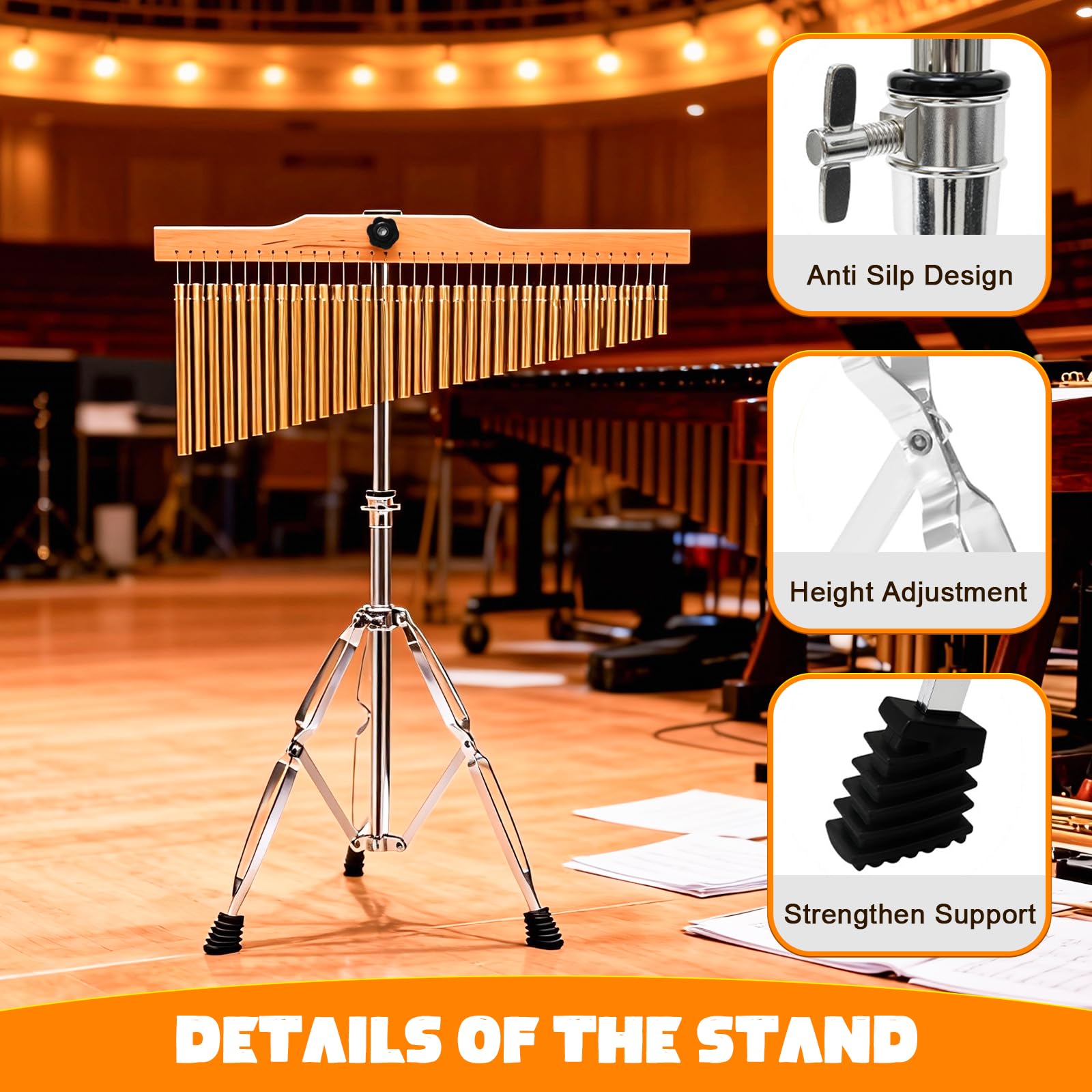 Carillon a 36 barre 36 note a fila singola con supporto regolabile da 2,5 a 1,2 m, strumento a percussione musicale per orchestre cori, aule e bande della chiesa