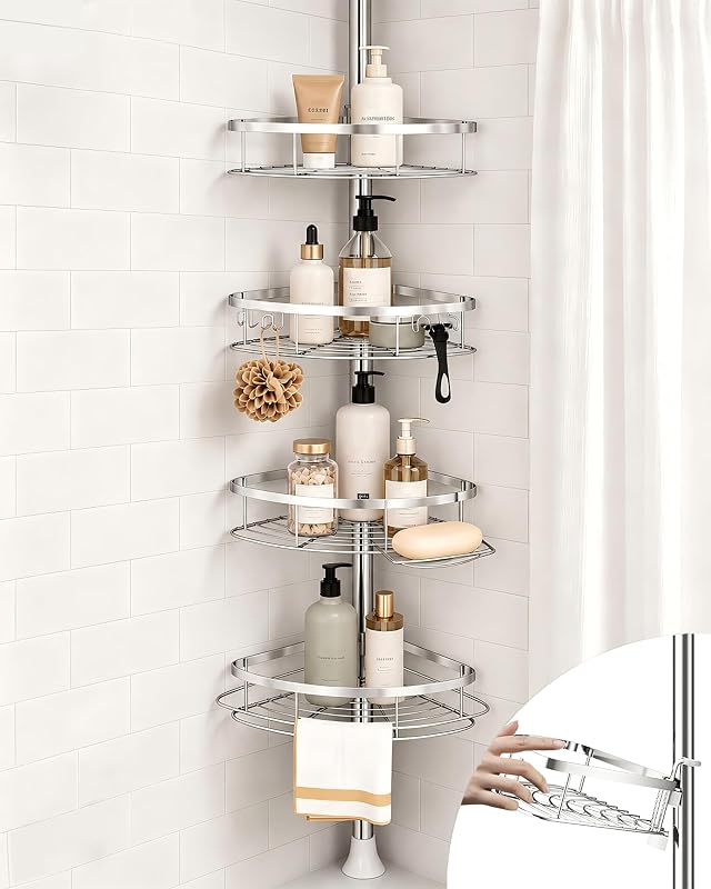 SEIRIONE Rustproof Shower Corner Caddy Organizer for Bathroom, 4 Adjustable Shelves with Tension Pole, for Bathtub Shampoo Accessories Storage Holder, 34 to 116 Inch Height, Silver