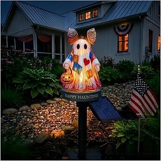Solar Powered Vintage Patchwork Ghost Garden Stake Light, IP44 Waterproof LED Warm Glow Halloween Ghost Yard Decor Lamp, Auto On/Off Outdoor Pathway Lawn Landscape Light(B)