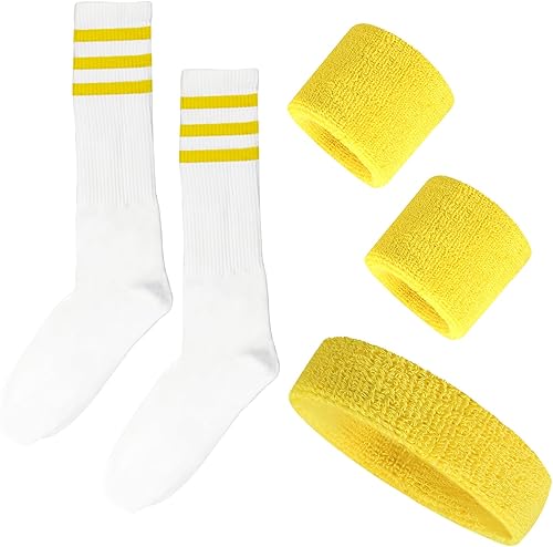 Miniatura 8 de Juego de 5 bandas para el sudor y calcetines a rayas, bandas para el sudor de los años 80, disfraz de los años 90, bandas para el sudor de muñeca