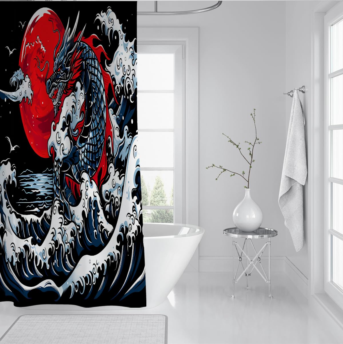 Rideau de Douche bête est-Asiatique Mythique Vagues océan 180 x 180 cm