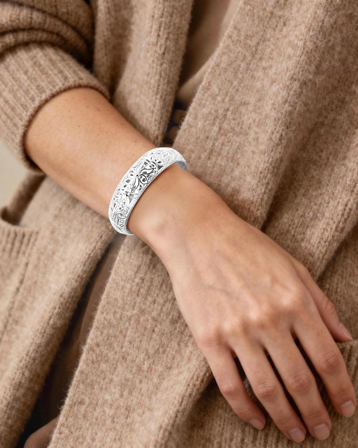 Sterling Silver Cuff Bracelet for Women - Intricate Floral Pattern Bangle, Bohemian Chunky Wide Silver Bracelet - Image 4