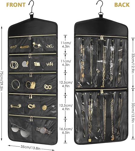 Miniatura 5 de CHICECO Organizador de joyas de viaje, organizador de joyas colgante con bolsillos con cremallera para ropa, soporte de joyería para aretes,