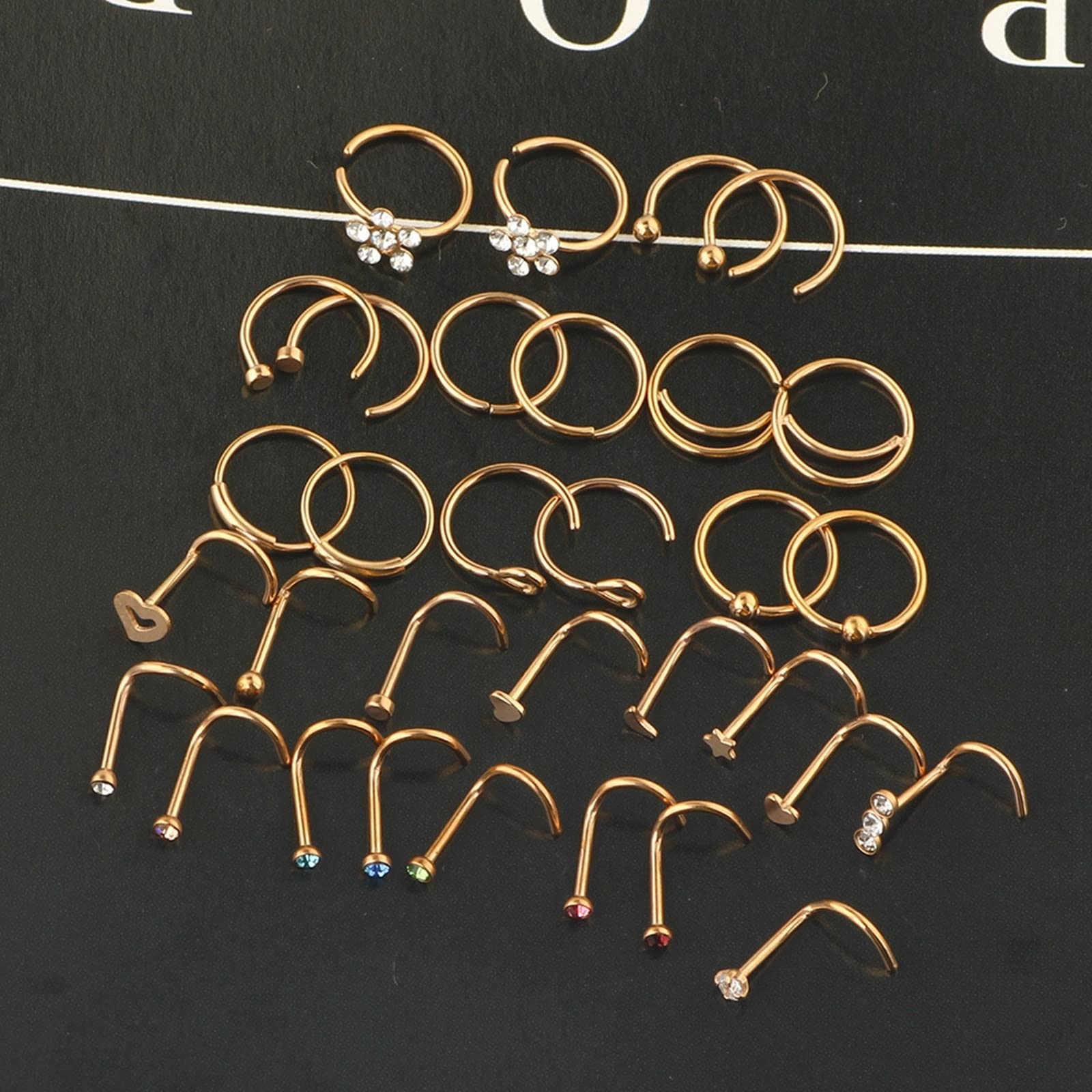 Kolczyk do nosa, biżuteria do piercingu wieży, stal chirurgiczna, 32 szt., grubość 0,8 mm, różowe złoto, cyrkonia, kolczyki i obręcz, gwiazda, serce, biżuteria, prezent, Stal nierdzewna,