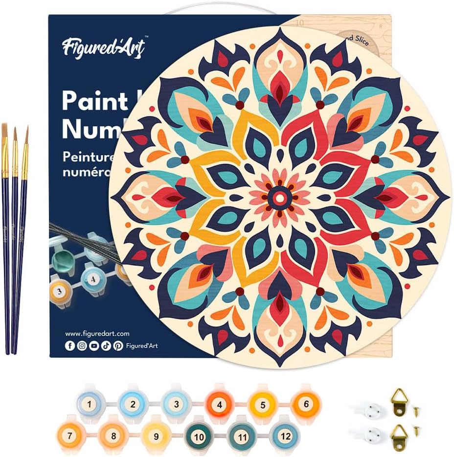Figured'Art Paint by Numbers Kit for Adults on Wood Slice, 11.8in Diameter - Floral Mandala - Craft Art Painting DIY Canvas