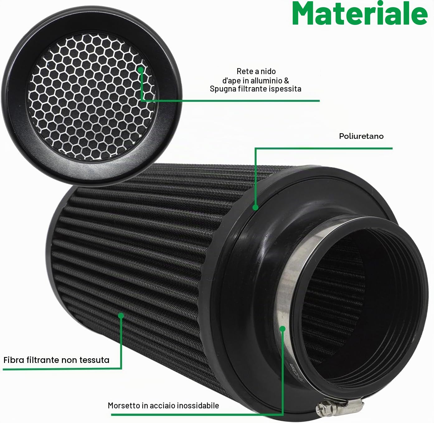 Filtro aria conico universale 76 mm, 89 mm, 101 mm, ad alte prestazioni, ingresso aria, cono rotondo, filtro aria detergente per auto da corsa, sport, 3 misure in 1 (nero-grigio)