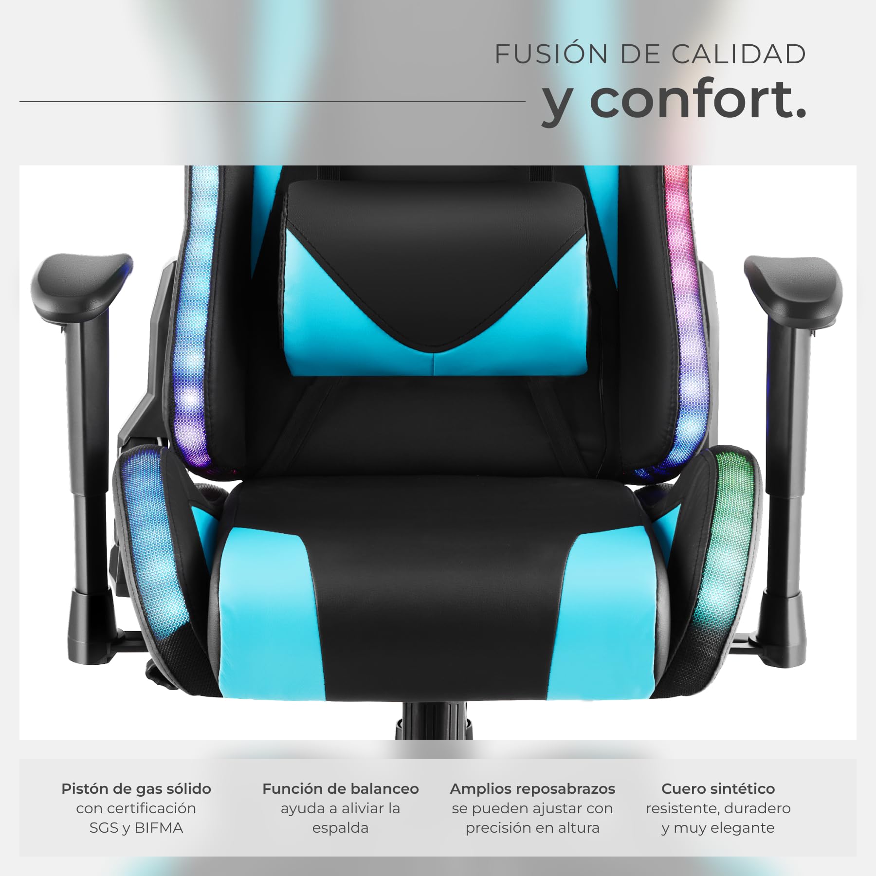 tectake® Silla Gaming, Silla de Oficina Ergonómica con Función Masaje, Iluminación LED, Respaldo y Reposabrazos Ajustables, Silla Giratoria Reclinable, Silla para Escritorio y Gaming - Negro/Celeste