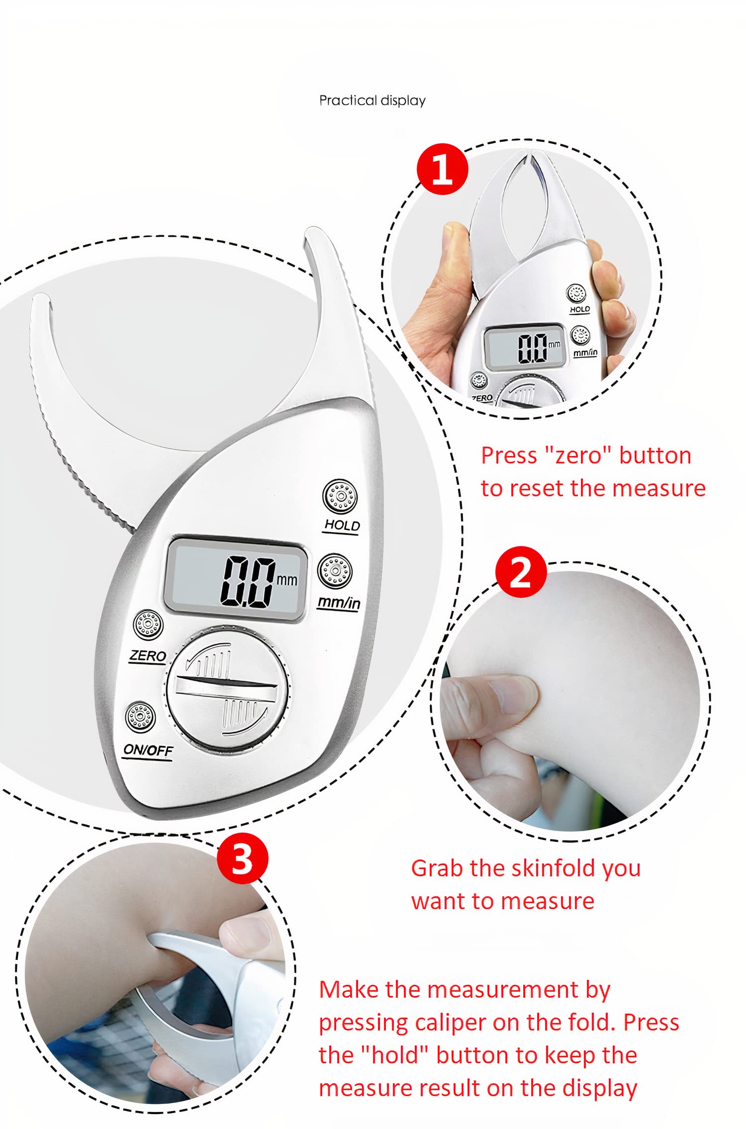 Digitaler LCD Körperfettzange mit CR2032-Batterie, Körperfettmesser zur Messung der Hautfalten und zur Berechnung des Körperfettanteils für Damen Herren
