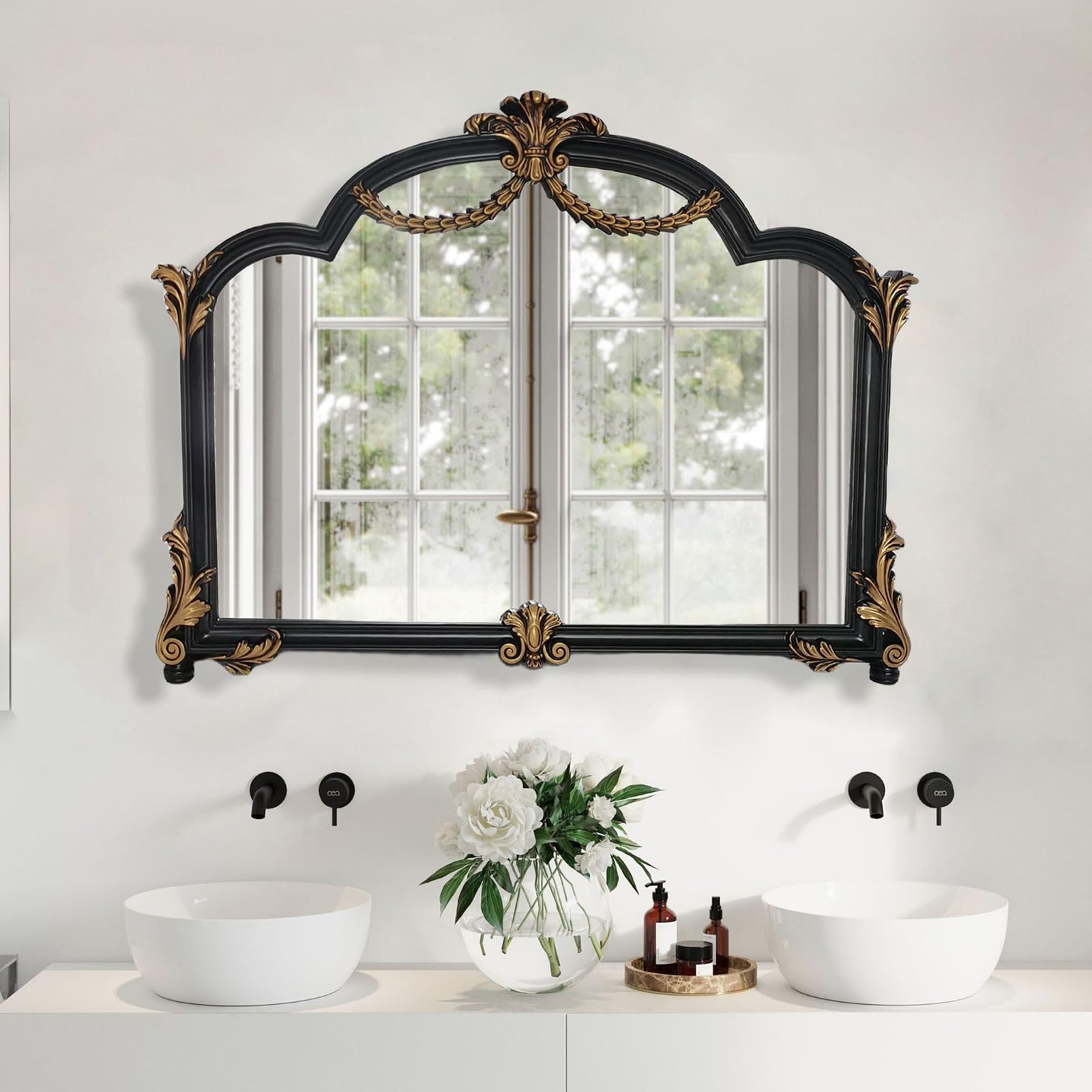 FGXHHS Traditional Vintage Ornate Baroque Large Mirror, Wall Mounted Vanity Mirror,Decorative Mirror for Entryway, Fireplace, Living Room, Hallway, Bathroom(Black)