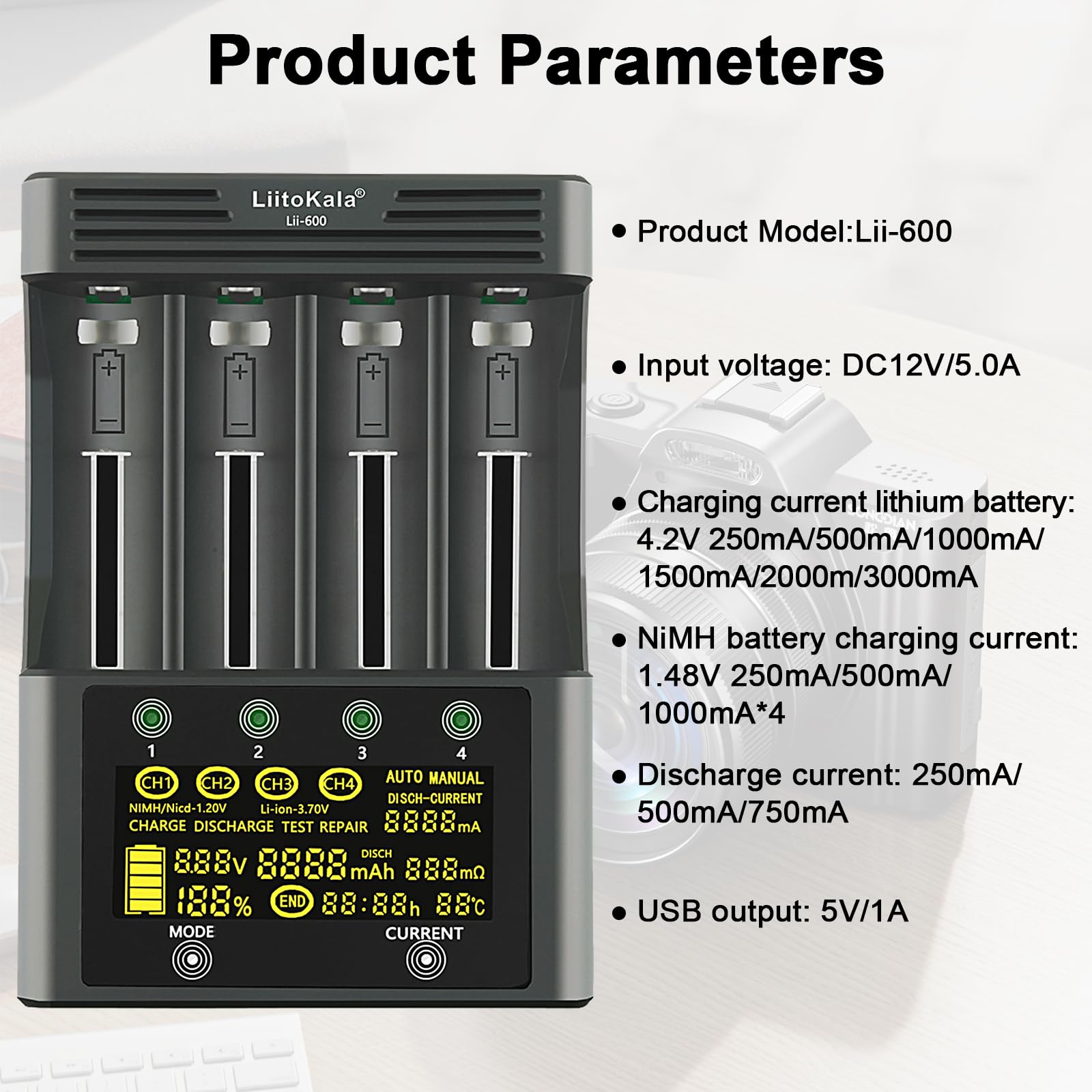 Liitokala Lii-600 Szybka ładowarka do baterii z wyświetlaczem LCD i sterowaniem dotykowym, 4-gniazdowa ładowarka do akumulatorów 18650 z adapterem 12V5A do Li-Ion/Ni-MH/Ni-Cd 14500 21700 AA AAA