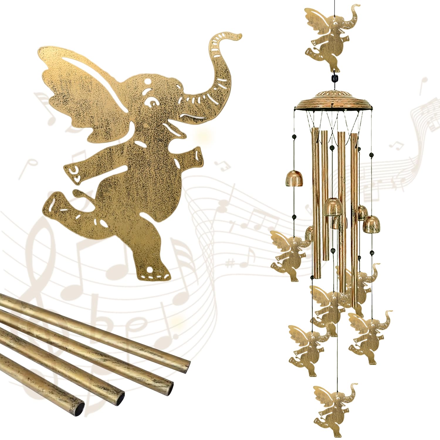 Elephant Wind Chime Metal Garden Decor, Vintage Outdoor Hanging Ornament