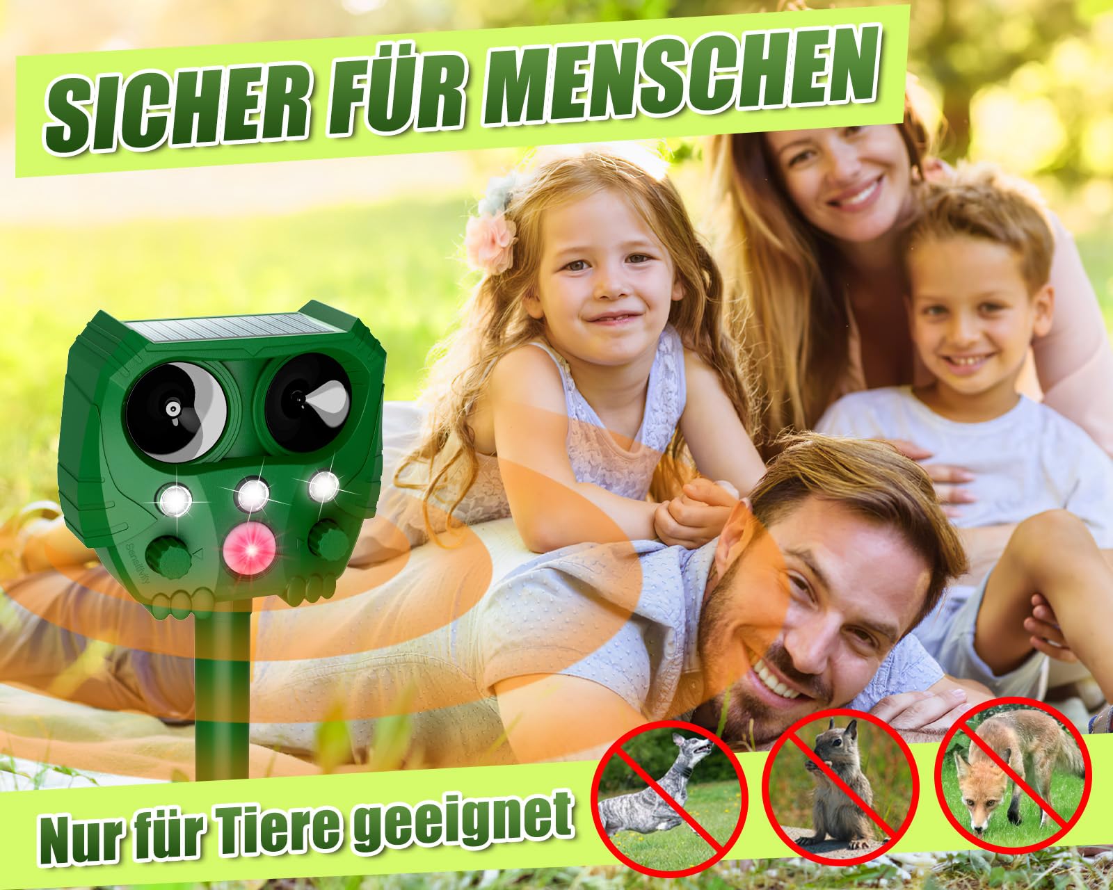 Repulsif Chat Exterieur Ultrason, Effaroucheur Solaire ＆ Charge USB, 5 Modes avec Détecteur de Mouvement PIR, Lumière LED, IPX4 Étanche, Répulsif Renard, Taupe, Chiens, Raccoons, Sanglier, Oiseaux