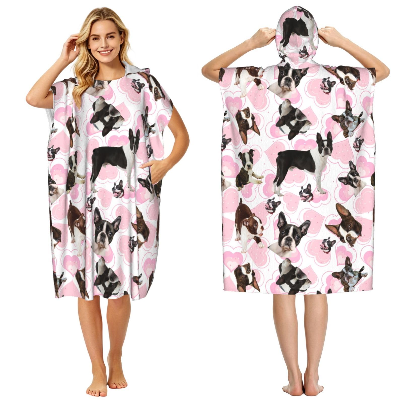 Poadnly Boston Terrier, Adult Hooded Beach Towel 90 x 110 cm,Changing Bath Robe, Surf Poncho Towel For Women Men