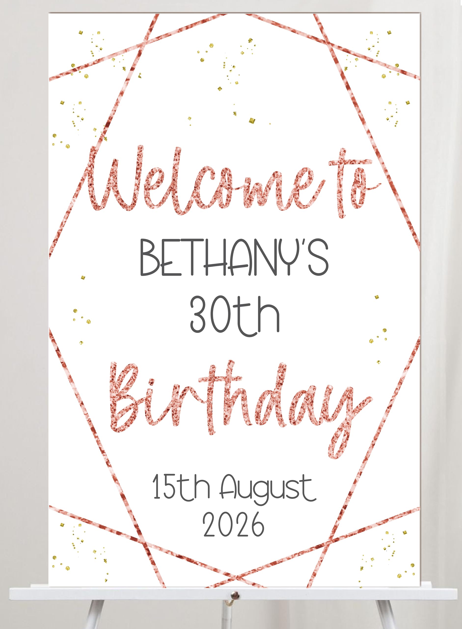Personalised Birthday Welcome Sign – Custom Name Age & Date, Geometric Design, Colour Choices Elegant Party Decoration Keepsake Display Board