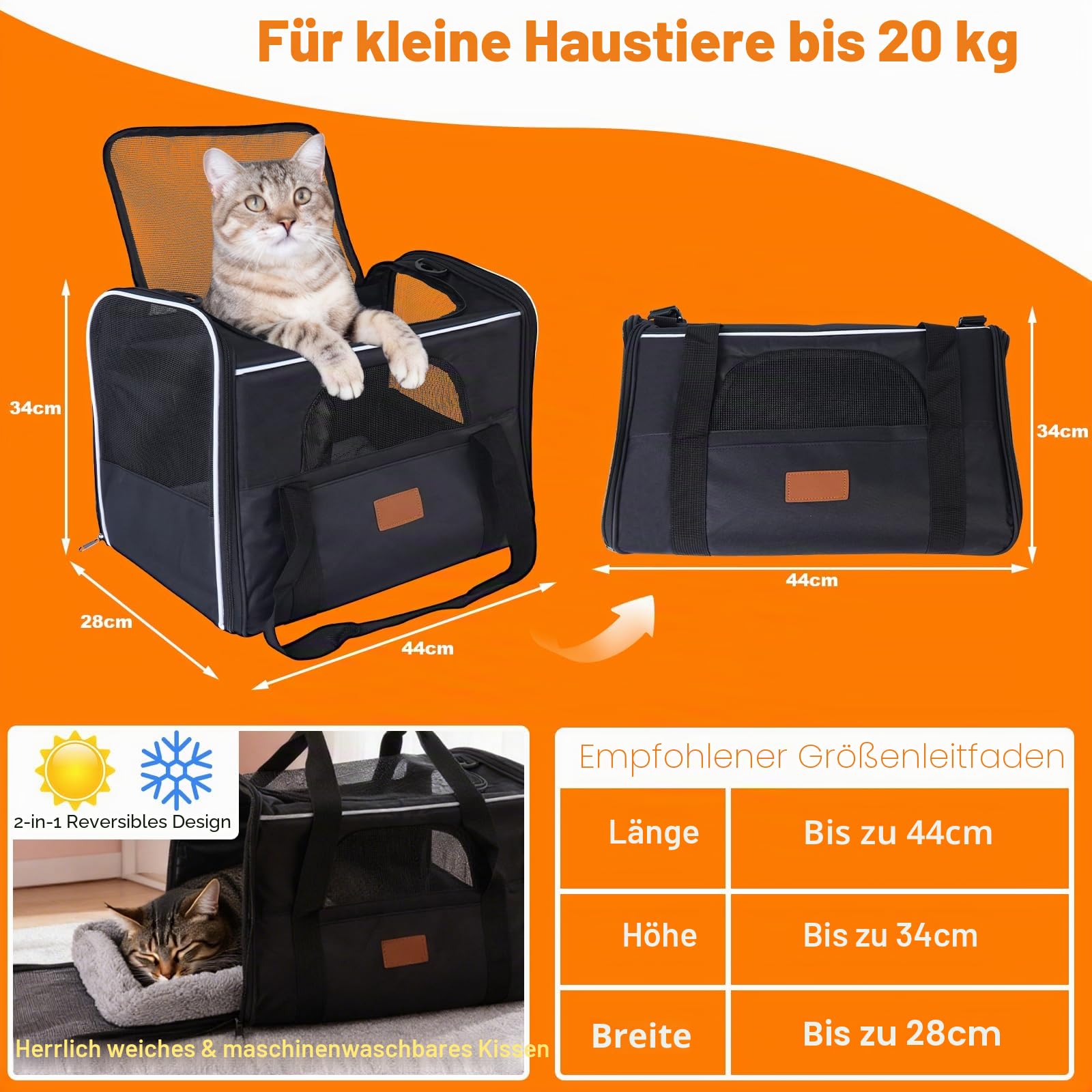 Faltbar Transportbox Katzen, Katzentransportbox mit Sicherheit Reißverschlüsse, Napf, Wendekissen, Katzen Transportboxen für kleine bis mittelgroße Katzen und Welpen bis 7 kg