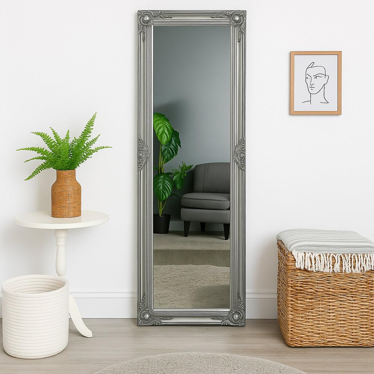 Melody Maison Tall Silver Ornate Mirror 47cm x 142cm