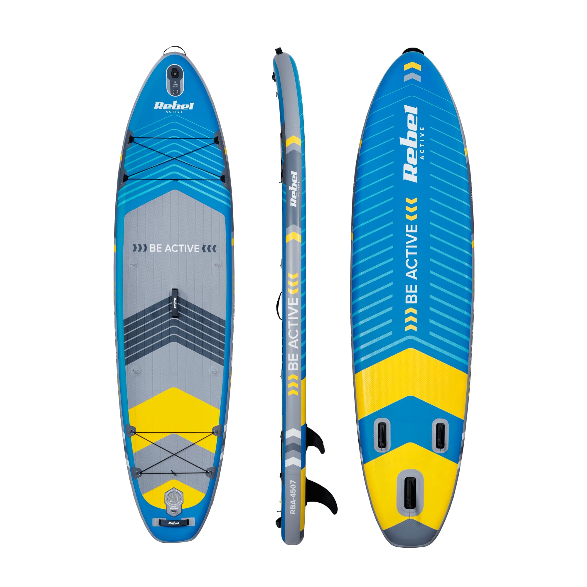 Rebel Brett SUP gepumpt mit Schwimmsitz Drop-Stitch 335 cm Set Paddel Pumpe Rucksack RBA-4507-BL