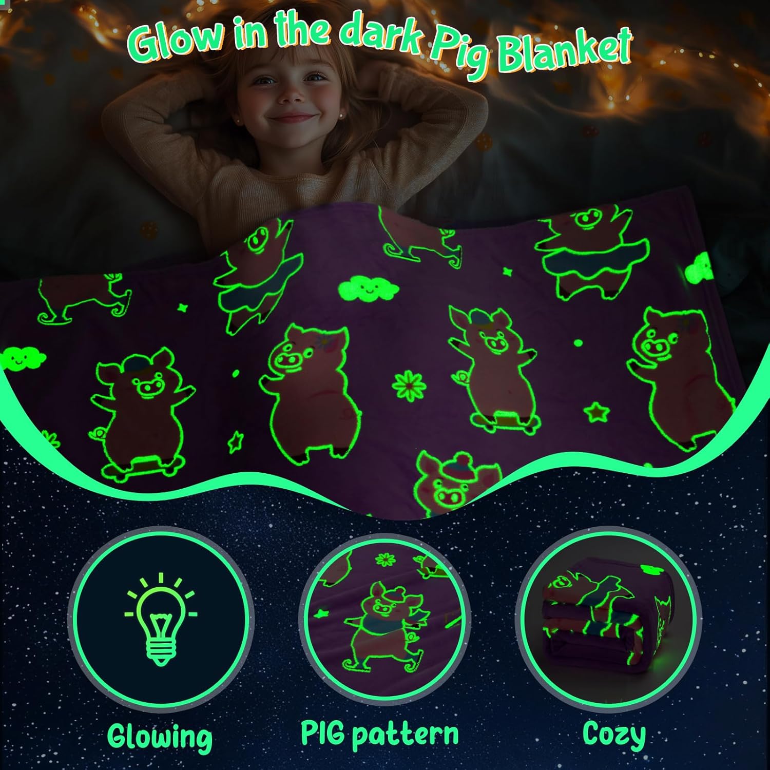 Boulou Pig Glow in The Dark Throw Blanket - 60" x 50" Pink Plush Pig Blanket for Girls, Glowing Blanket Gift for 3-10 Years Old Kids Boys, Birthday - Image 2