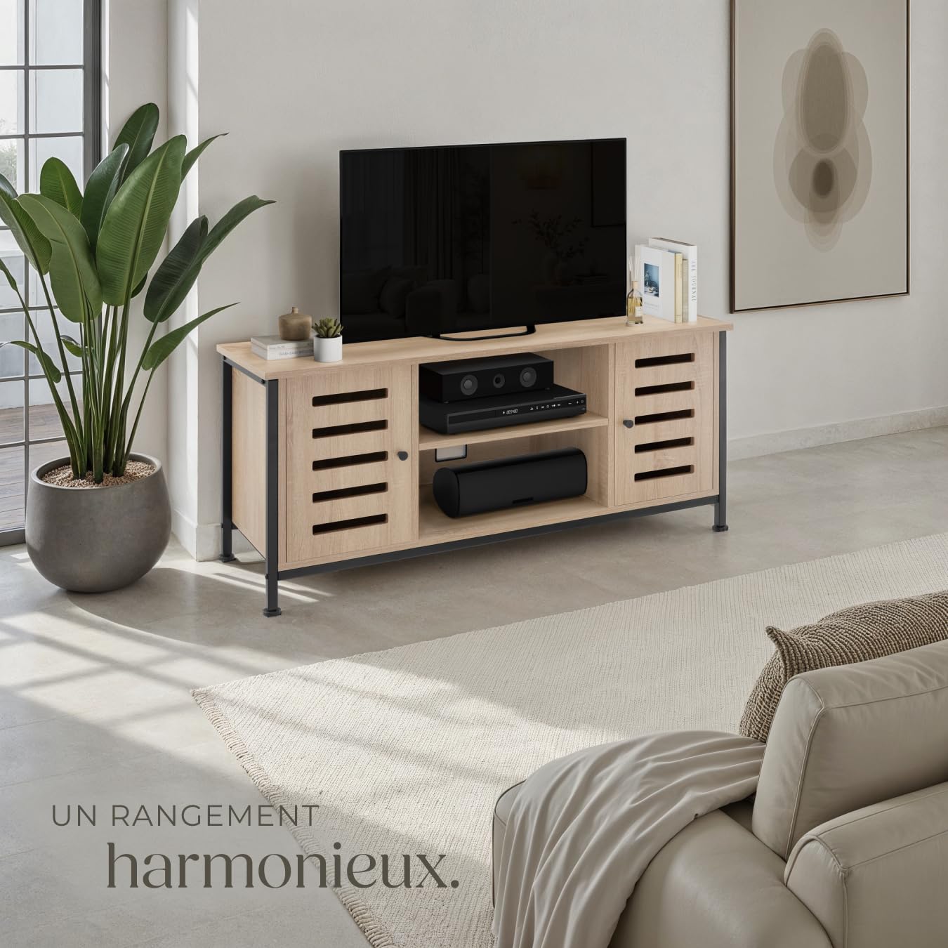 tectake® Meuble TV 110 x 41,5 x 50,5 cm, Style Industriel, Bois & Acier | Pieds réglables, 2 compartiments aux portes magnétiques, étagère réglable, capacité 50 kg, Buffet bas, Bois clair industriel