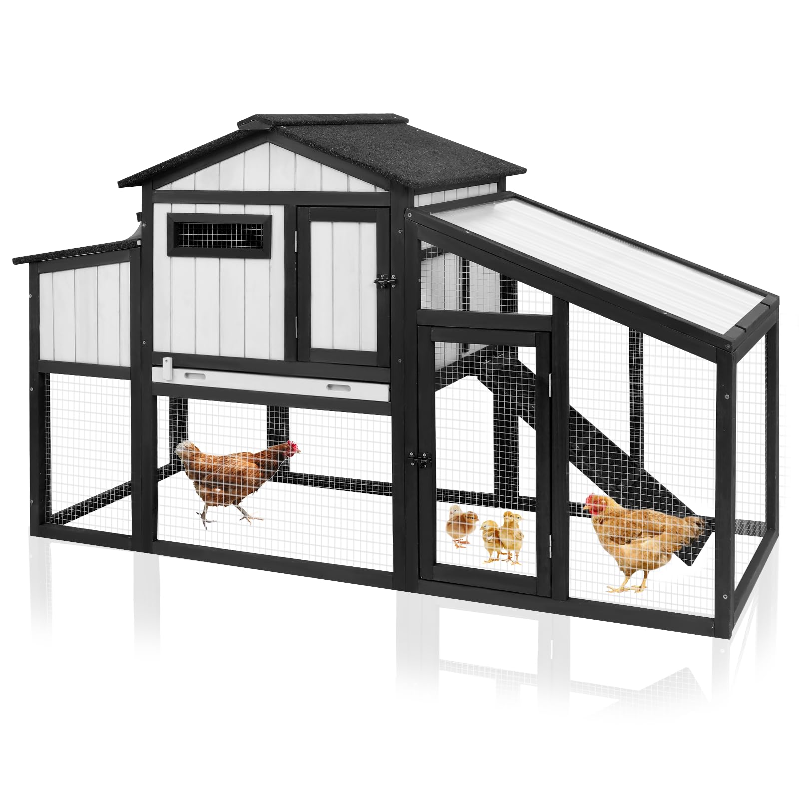 Ketive 65.3" L Chicken Coop and Run, Wooden Hen House for 1-2 Chickens with Nesting Box, Tray, Perches Indoor/Outdoor Pet Hutch Backyard Use,