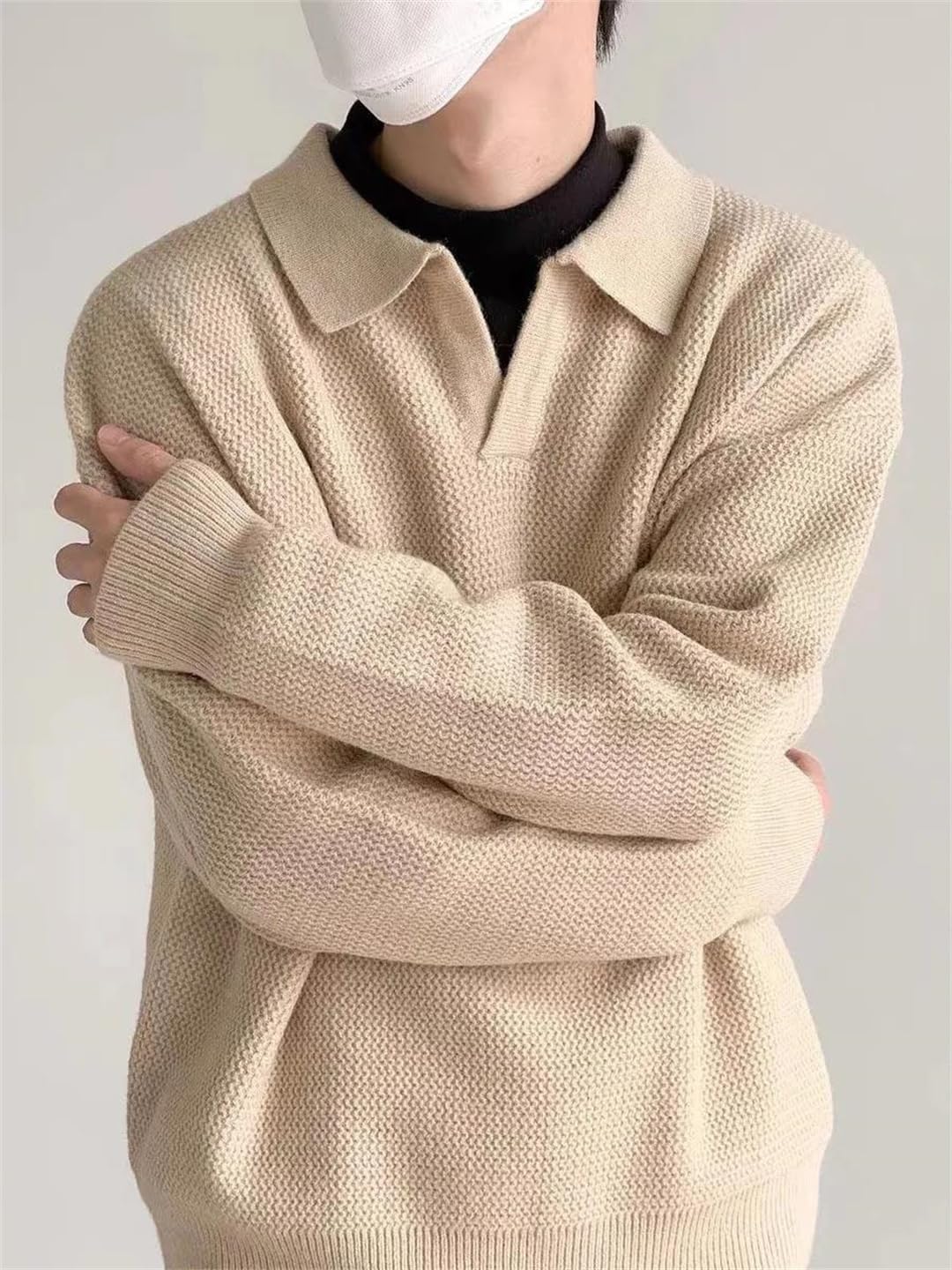 Men Winter Retro V-Neck Pullover Polo Lapel Loose Inner Layered Knit Sweater