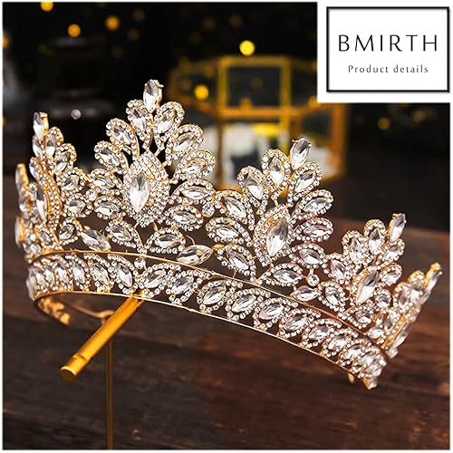 Miniatura 2 de Bmirth Corona Barroca y Tiara de Cristal Dorado con Perlas para Novia Boda Reina, Coronas Decorativas, Tiaras de Princesa con Diamantes de