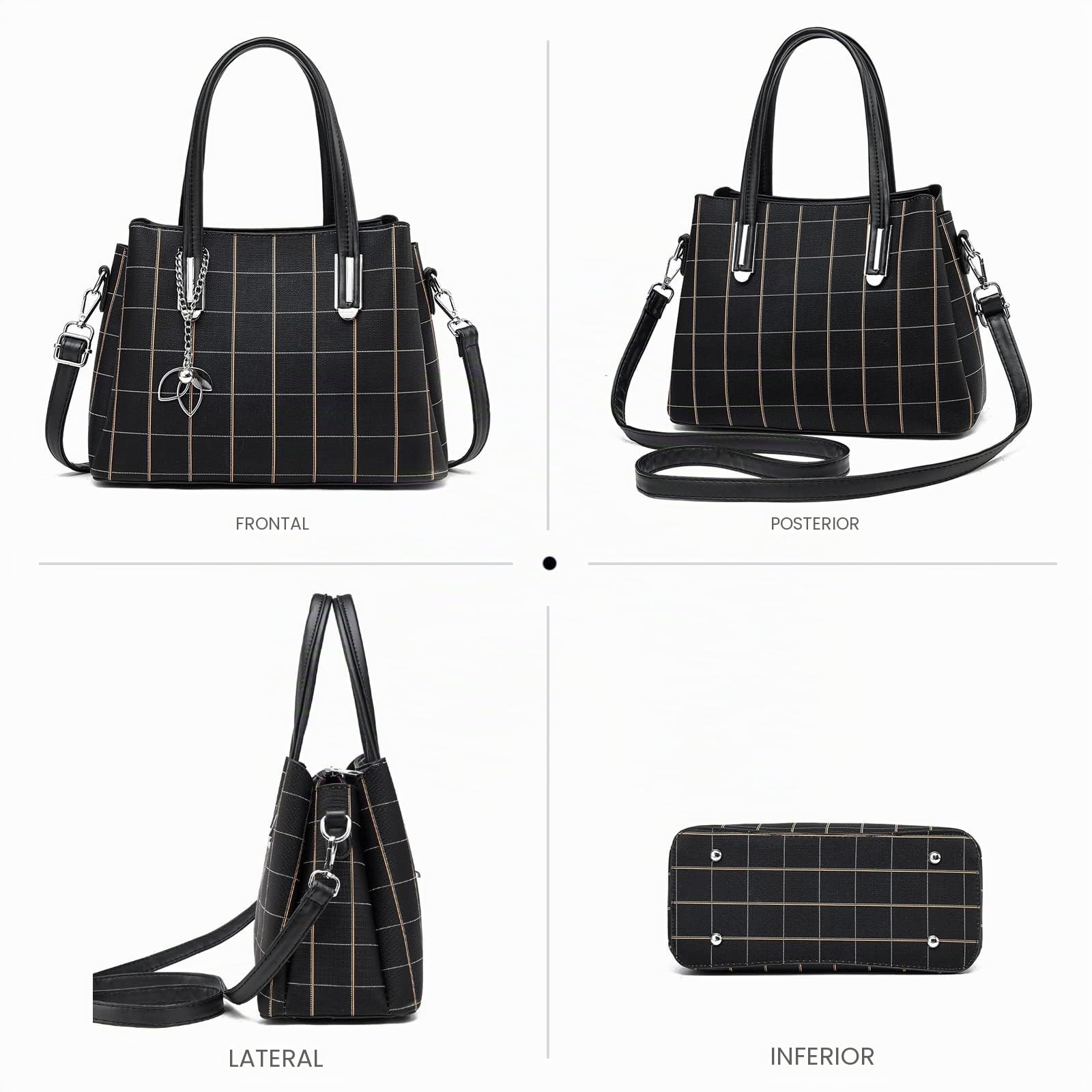 NICOLE & DORIS Bolsos Mujer Elegante Bolso Señora Tote Bolso Bandolera Cuero PU Bolso a Cuadros Clásica Bolsos de Mano Crossbody Blanco con Negro