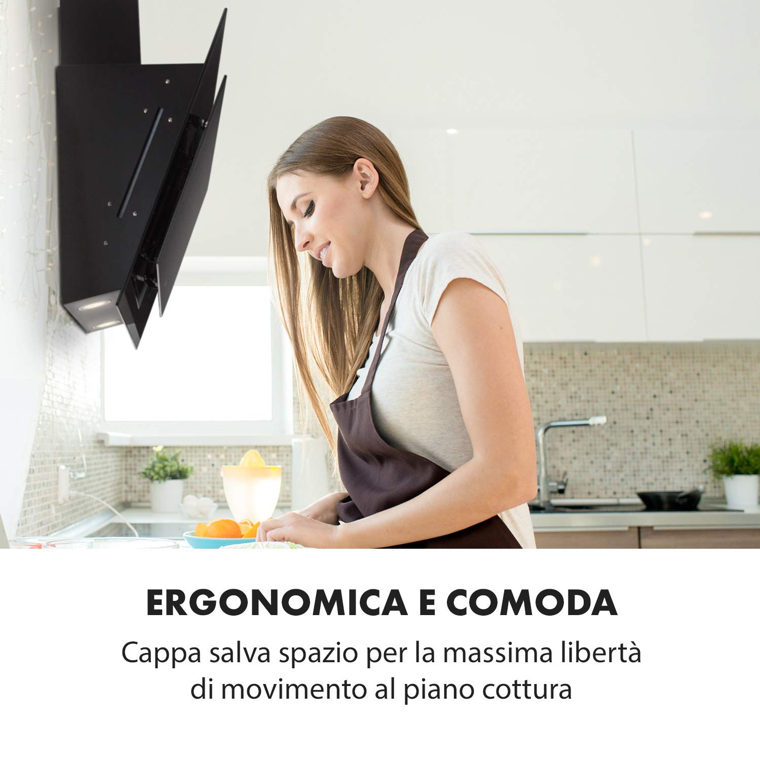 Klarstein Mirage 90 - Cappa aspirante a parete, senza testa, 90 cm, 550 m³/h, classe di efficienza energetica A++, pannello touch, Eco-Excellence, luce d'atmosfera RGB, vetro nero