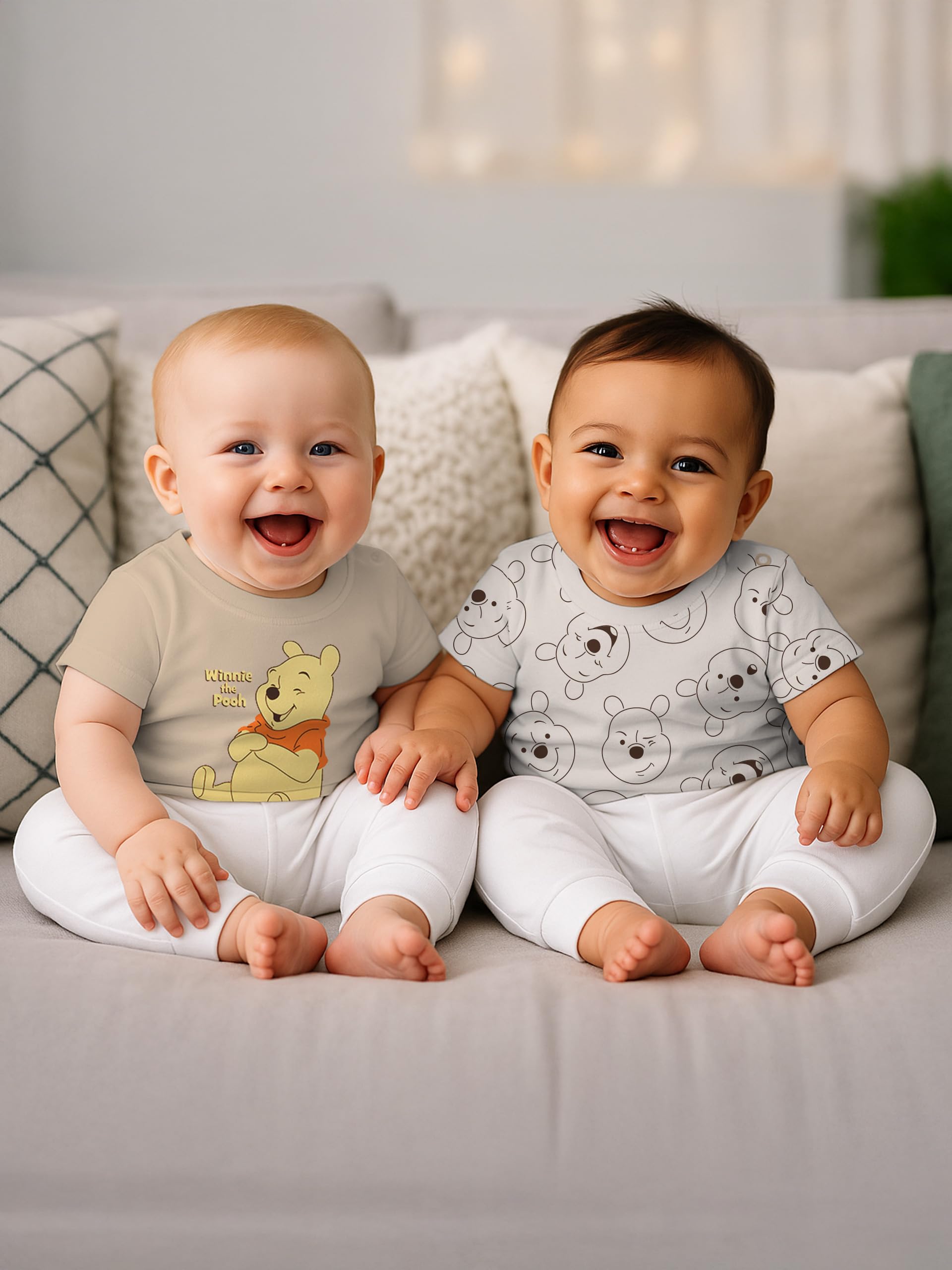 Disney Lot de 2 t-shirts Winnie l'ourson pour bébé garçon et fille – Manches courtes – Beige