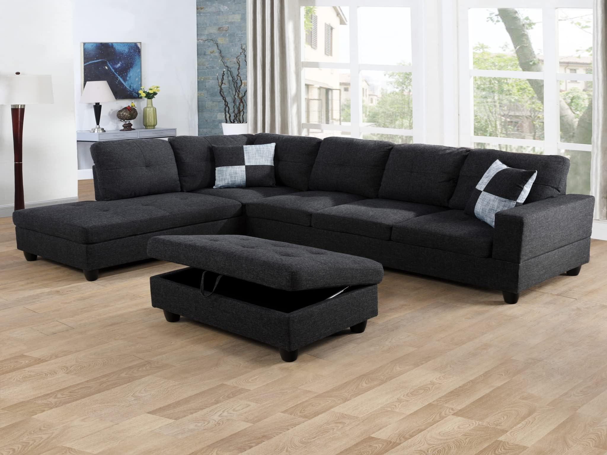 Eternity Home F125A-3pc Star Home Living Left Facing Sectional Sofa with Ottoman, Charcoal Grey
