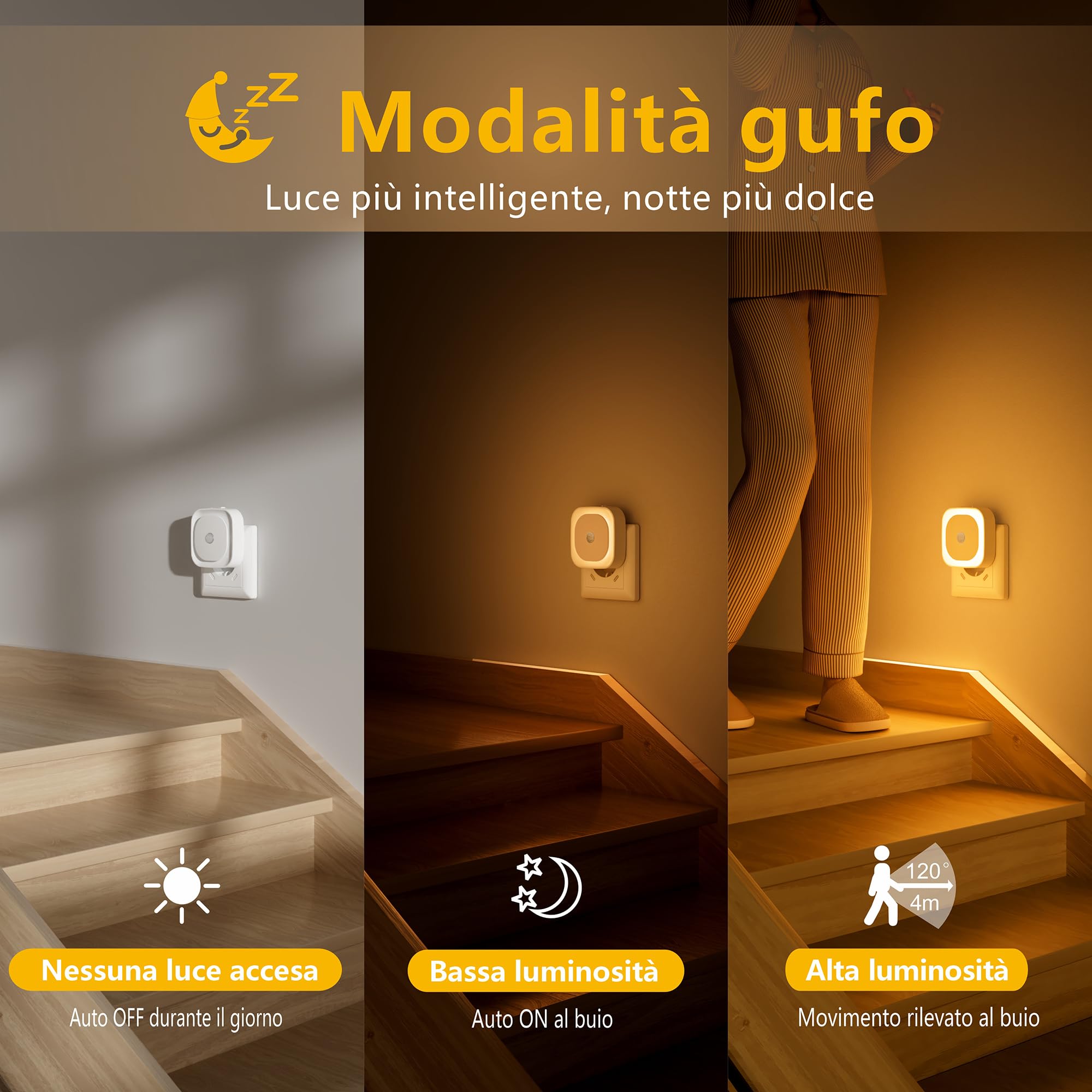YUNLEX Luce Notturna da Presa con Sensore di Movimento, 3 modalità di sensore, [2 Pezzi] luci notturne dimmerabili per Camera dei Bambini, Bagno, Cucina, Scale, camera da letto, Ambra