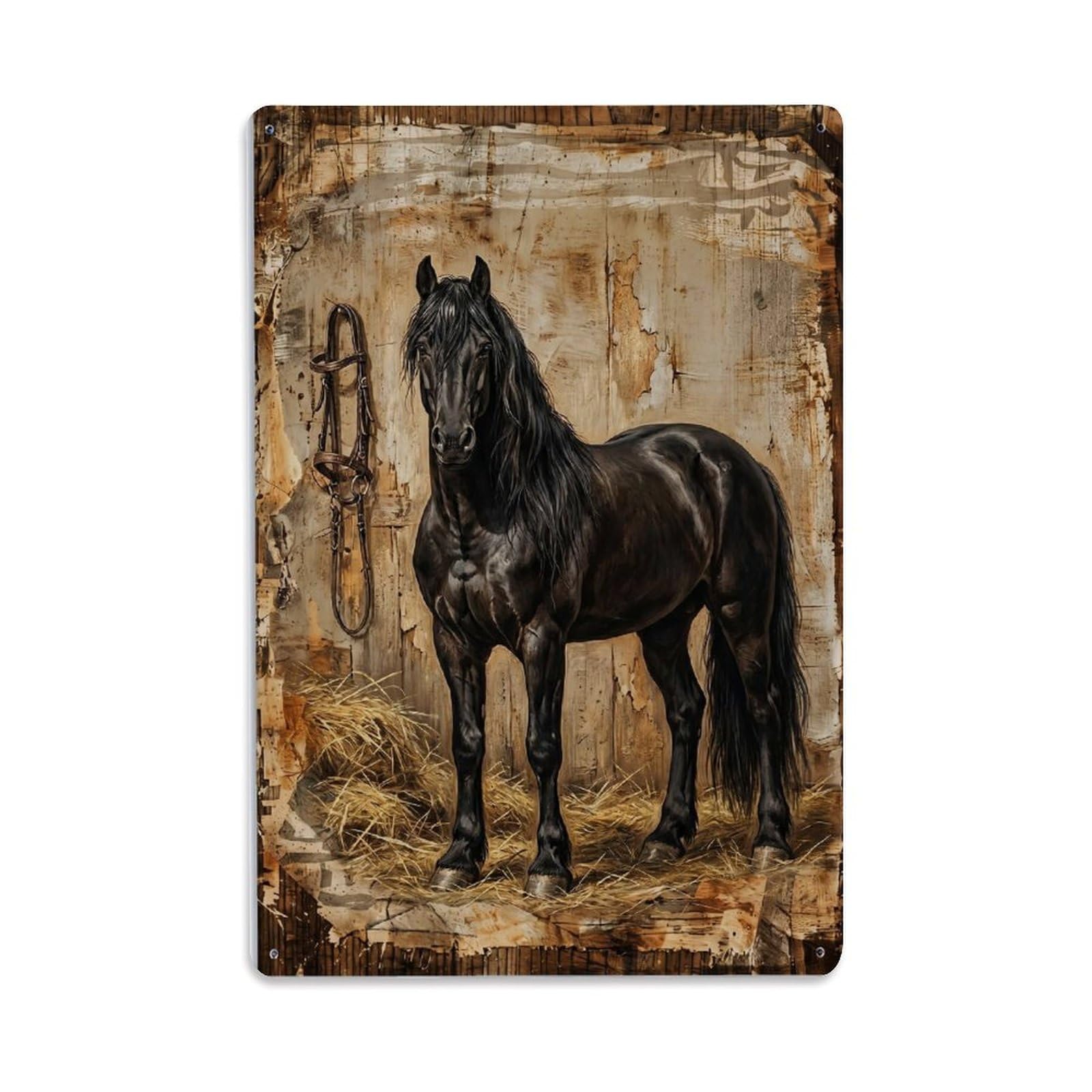 Black Horse Farm Stallion Stable Equine Vintage Metal Tin Sign Plaque Wall Decor for Cafe, Club, Garden Metal Poster 8x12Inch