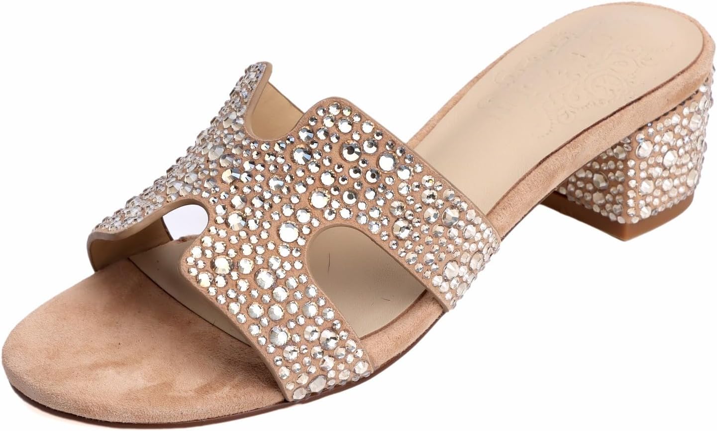 XOBZJH Evening Dress Shoes Rhinestone Black Block Heeled Sandals for Women 2025,Designer Luxury Crystals Slides H Sandals for Wedding Party Footwear