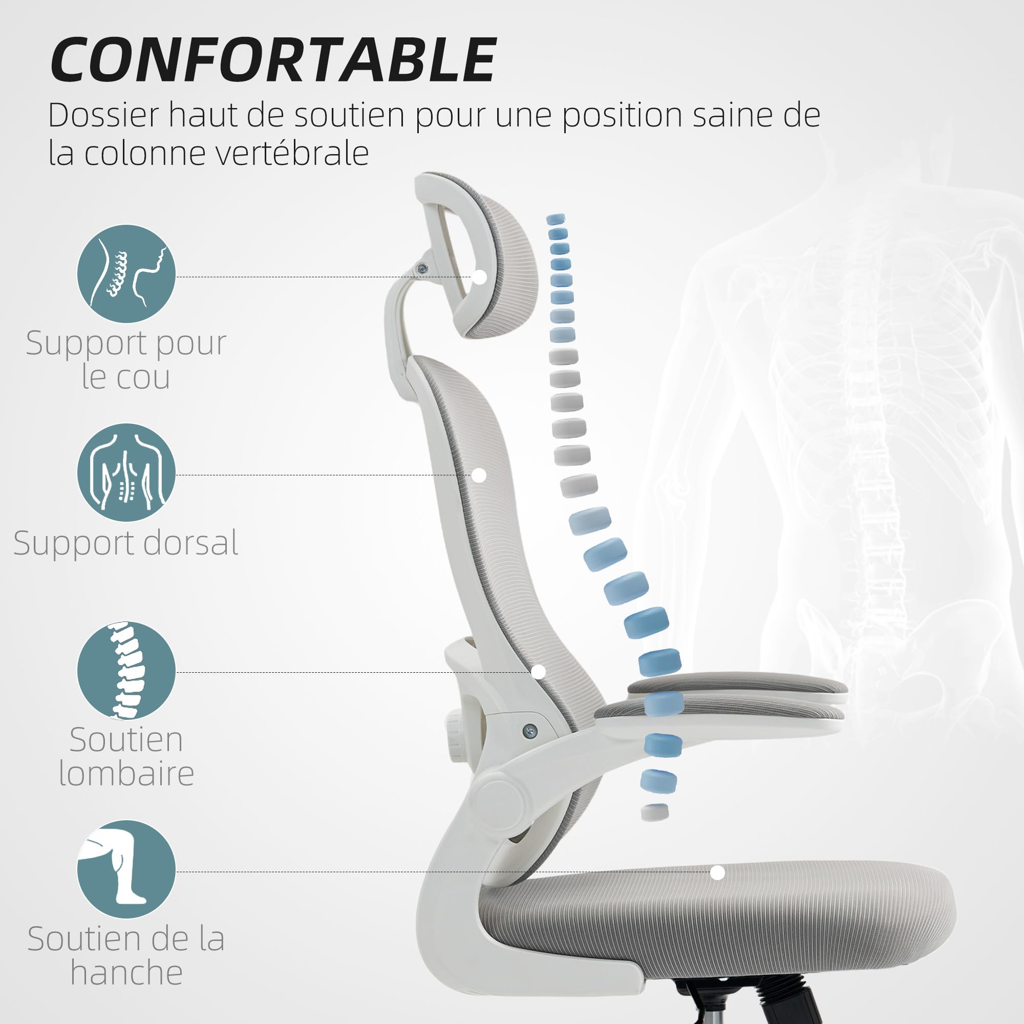 HOMCOM Chaise Bureau Ergonomique Fauteuil de Bureau Gris