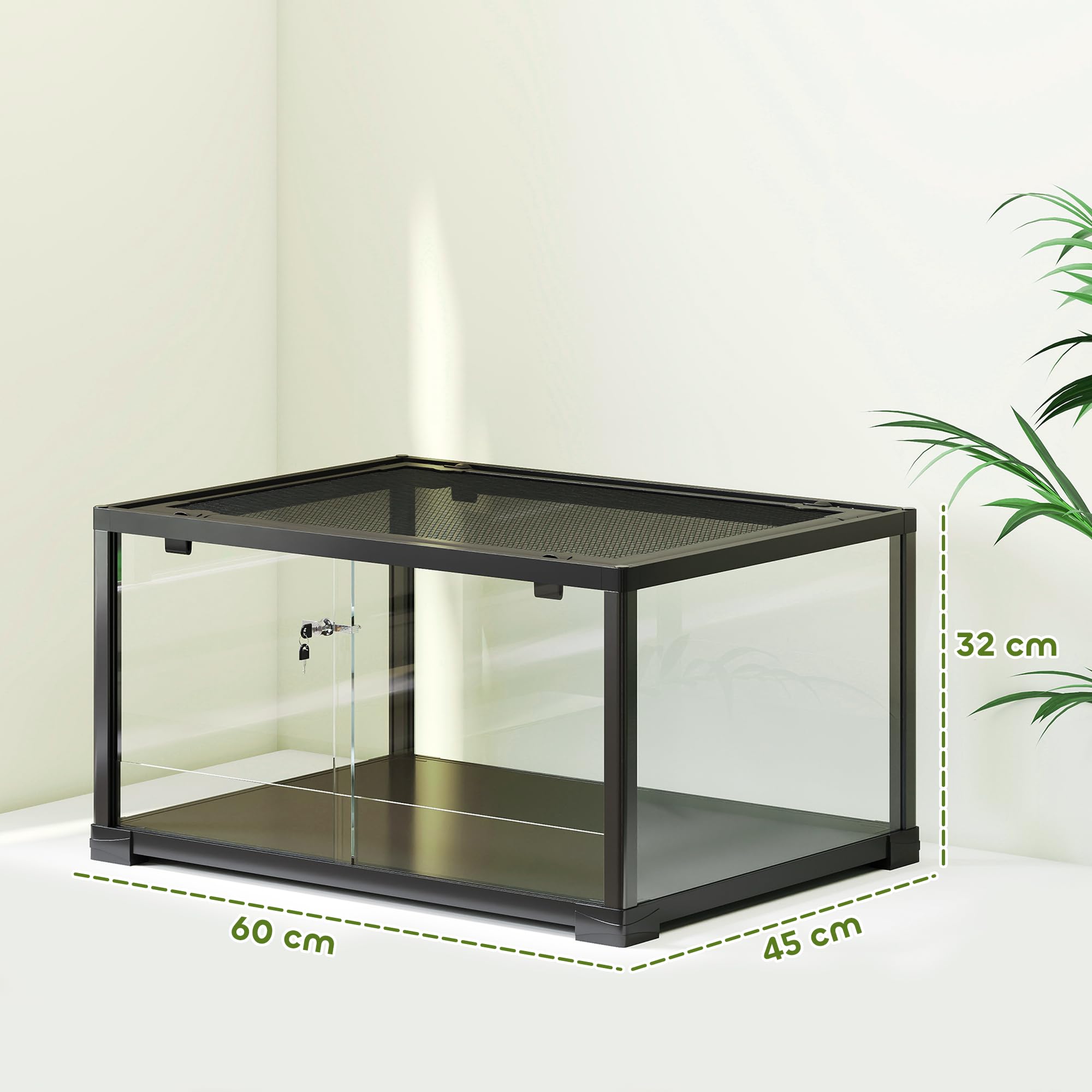 PawHut Terrarium en Verre pour Reptiles 86 L, Ventilation supérieure, Porte coulissante avec Serrure Anti-Fuite, enclos pour lézards, Insectes, Serpents, araignées et Geckos, 60x45x32cm, Noir