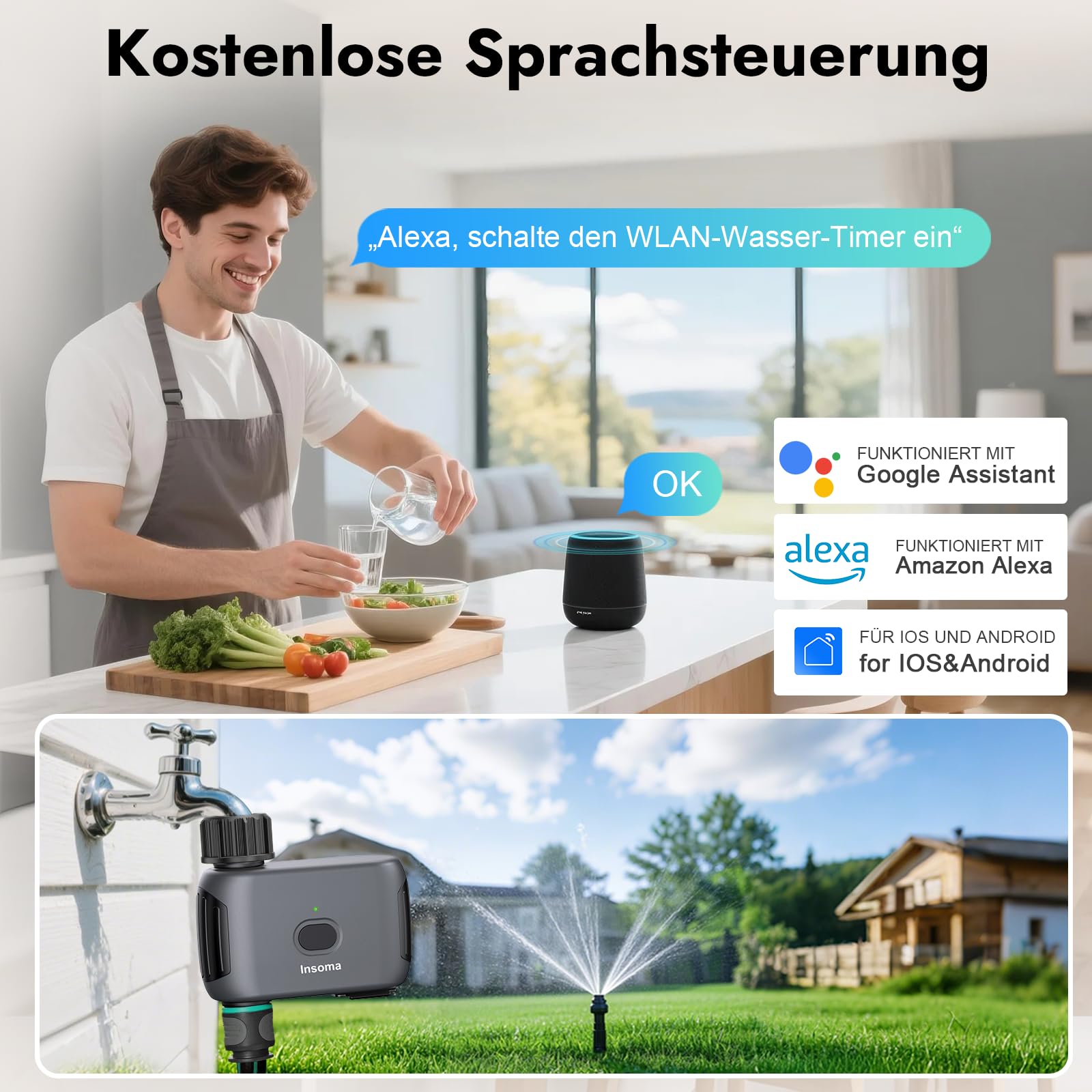 Insoma WiFi-Wasser-Timer, Outdoor-WiFi-Schlauch-Timer für Gartenwasserhahn mit Auto-/Manuell-/Regenverzögerungsmodus, Sprinkler-Bewässerungs-Timer für Rasenflächen