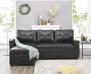 Naomi Home Reversible Sleeper Sectional Sofa Storage Chaise Black/Air Leather